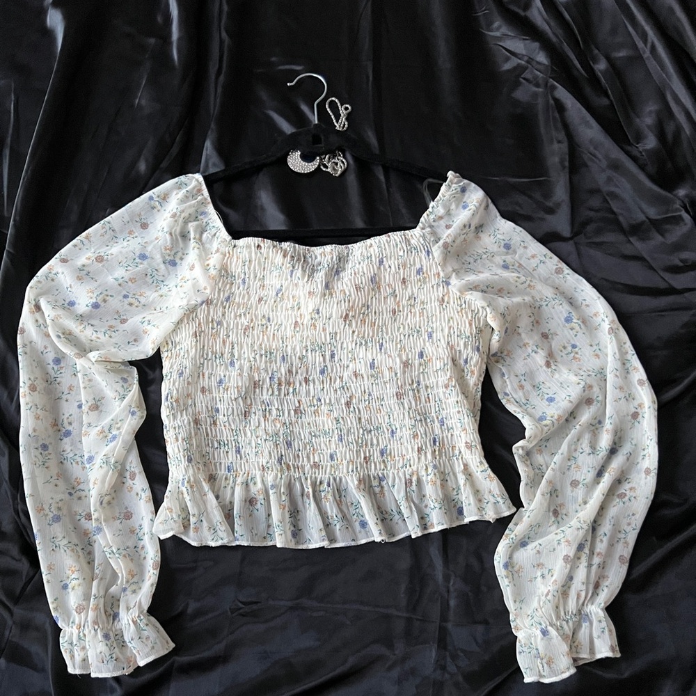 Floral Smocked White Blouse